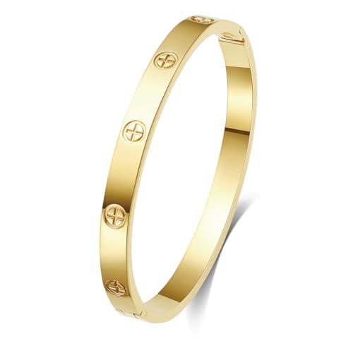 18K Gold Plated Love Bangle Bracelets for Women, Stainless Steel Cubic Zirconia Bangle Crystal Friendship Jewelry, Easter Wedding Birthday Gifts for Her, Girlfriend, Wife, Monther