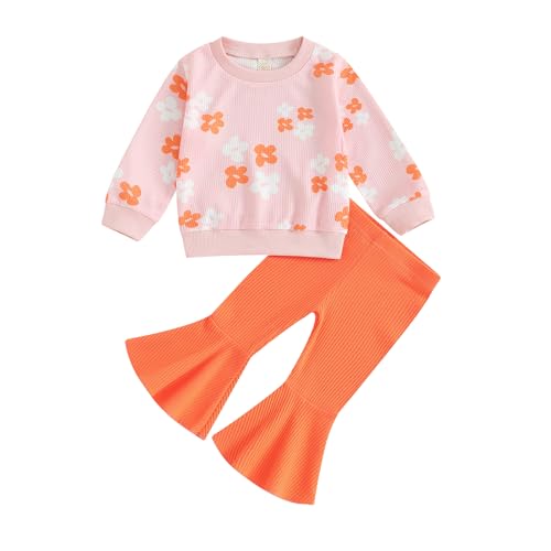 Image of PUHHAPIEY Baby Girl Fall Winter Clothes Floral Knit Crewneck Sweatshirts Flare Pants Set Toddler Bell-Bottoms Outfits