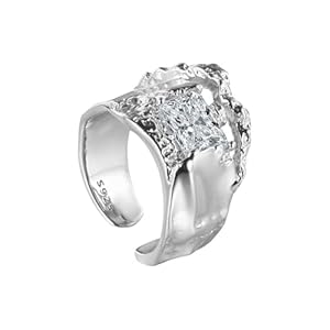 Rings Women, Wedding Bands Silver Wide Ring with Broken Texture and Openwork Luxury S925 Sterling Silver Engagement Ring for Women Adjustable