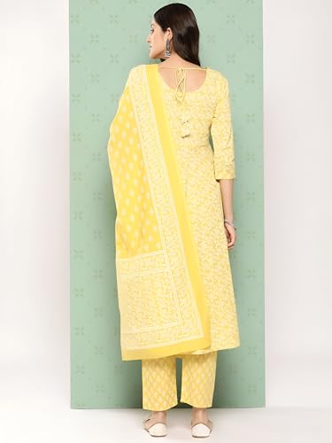 INDACORIFY Indian Printed Cotton Kurti Beautiful Floral Print Casual Dress with Pant Dupatta Set for Women's and Girls Suit4