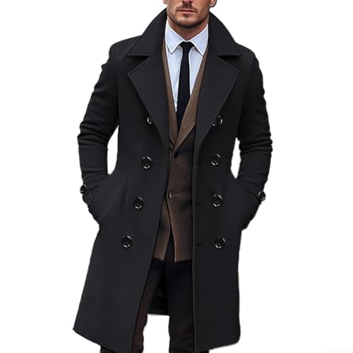 Gabardina de negocios para hombre, abrigo de invierno con solapa de doble botonadura, chaqueta para caballero, ropa de abrigo de manga larga cortavientos (M negro)