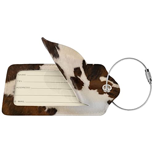 Luggage Tags - 2-Pack PU Leather with Privacy Cover & Stainless Steel Loop - ID Labels for Suitcases & Travel Bags - Cow Hide Brown2
