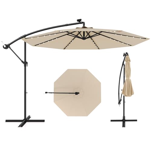 GOPLUS Parasol Déporté 3x3M, Grand Parasol de Jardin Extérieur avec 40 LED Solaires, 8 Baleines, Tissu Protection Solaire, Toile Inclinable 35°, pour Patio...