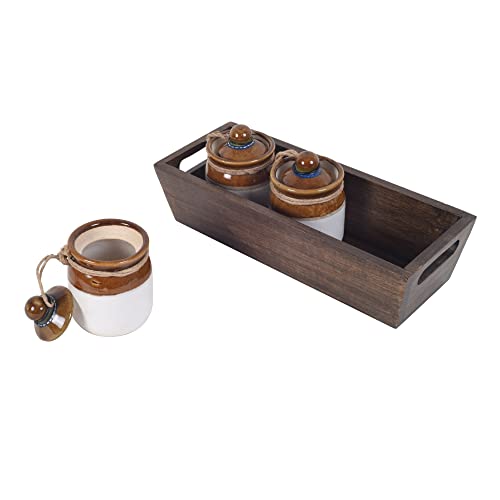 Image of AAKRITI ART CREATIONS Achaar Tray with Three Barnis | Ceramic Achar ki Barni & Mukhwas Box | Handcrafted Modern Art Storage Jar for Spice & Pickle | Traditional Achaar Barni for Kitchen