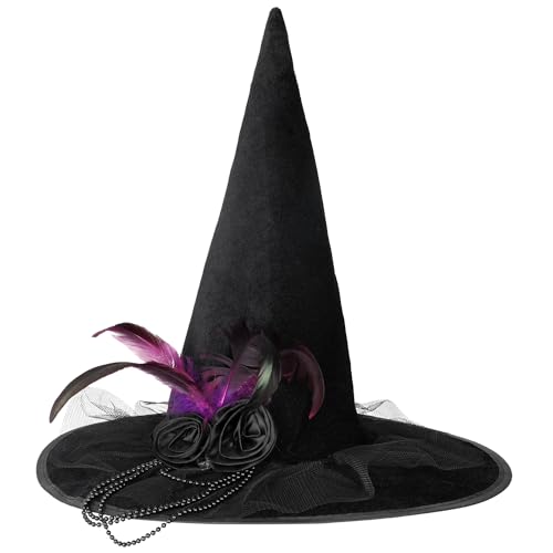 JOFONY Chapéu de bruxa de Halloween, chapéu de bruxa preto com rosas e penas, pano de veludo, acessórios para bruxas, chapéus de bruxa para Halloween, festas de máscaras, festas de