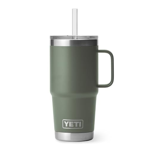 Image of YETI Rambler 25 oz Tumbler with Handle and Straw Lid, Travel Mug Water Tumbler, Vacuum Insulated Cup with Handle, Stainless Steel, Camp Green