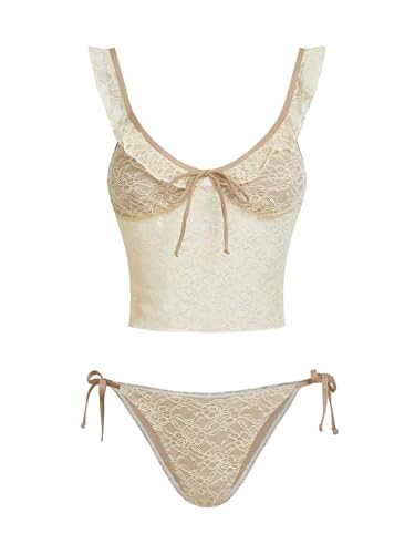 GORGLITTER Women's Floral Lace Tankini Set String High Cut Thong Sheer Swimsuit Bathing Suit Beach Fashion