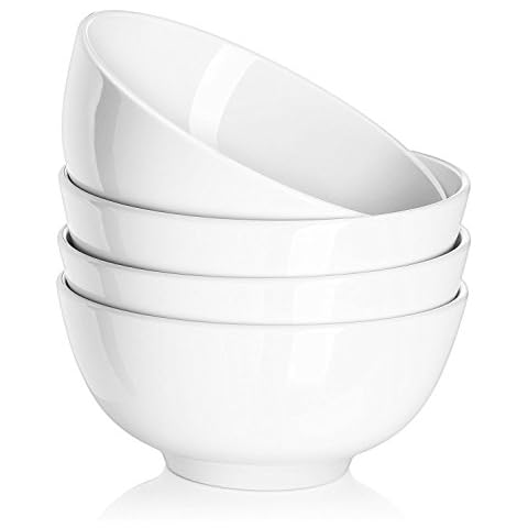 DOWAN Cereal Bowls Set of 4, 650ml Porcelain Soup Bowls, Porcelain Serving Salad Bowls, Chip Resistant, Deep Bowl Set for Rice Pasta Oatmeal Desert Ice Cream, Dishwasher & Microwave Safe | White Cover