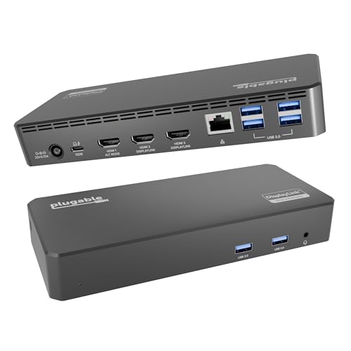 Plugable USB C Triple Display Docking Station | 100W PD, 3x HDMI (1x 4K 30Hz, 2x 1080p 60Hz), 6x USB...