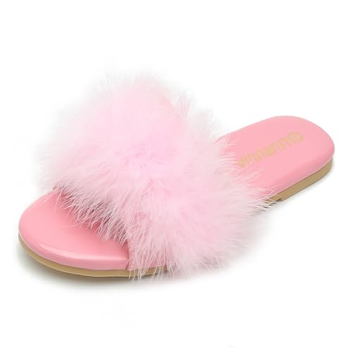 LIURUIJIA Women's Fluffy Feather Slippers Fur Slide Flat Sandals Cozy Slip On Stylish Summer Casual Party Indoor Outdoor Flats Shoes Pink 44-US 10