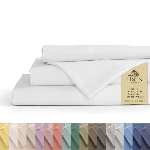 Image of Linen Home 100% Cotton Percale Sheets Twin XL Size, White, Deep Pocket, 3 Pieces Set - 1 Flat, 1 Deep Pocket Fitted Sheet and 1 Pillowcase, Crisp Cool and Strong Bed Linen
