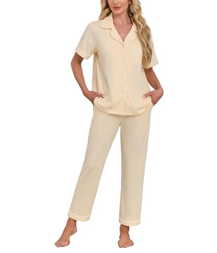 Image of CF Womens 100% Cotton Pajamas Set Button Down Pjs Sets Short Sleeve Top & Long Pants Sleepwear Comfy Loungewear with Pockets