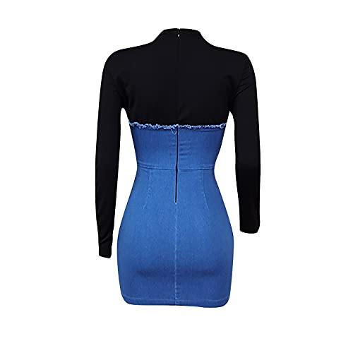 Lucktop Minivestido jeans feminino casual de alta elasticidade com zíper de manga curta falso dois v