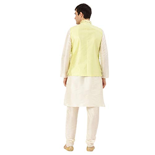 Image of SOJANYA (Since 1958 Men's Cotton Linen Maroon Kurta and White Pyjama with Mustard Cotton Nehru Jacket