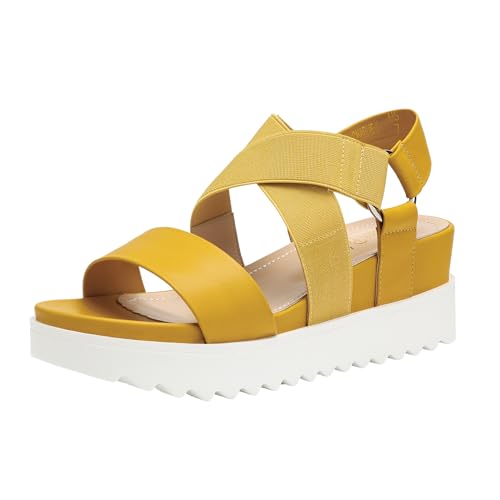 DREAM PAIRS Women’s Open Toe Ankle Strap Platform Wedge Sandals 6 Yellow