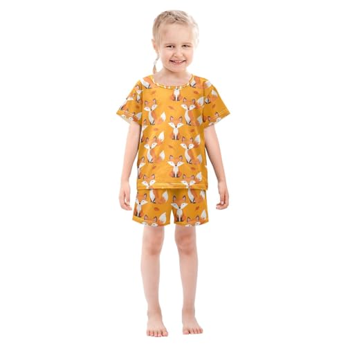 ALAZA Cute Fox Animal Orange Pajamas Set Short Sleeve Cotton Sleepwear Summer Pjs 2 Piece 5-14Y3