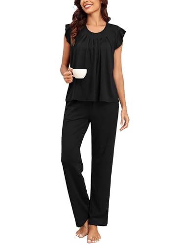 Famulily Two Piece Pajama Set for Women Flutter Sleeve Tops and Drawstring Elastic Waist Wide Leg Pants Black XL