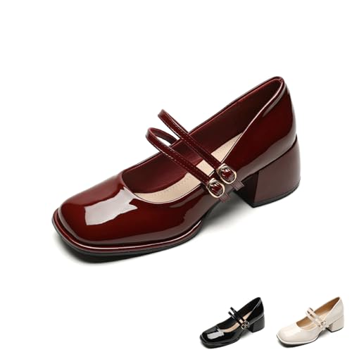 Women's Leather Two Strap Chunky Heel Mary Jane Shoes Retro Comfortable Square Toe Adjustable Strap Buckle Block Heel Business Dress Shoes for Casual Work Wedding Pumps