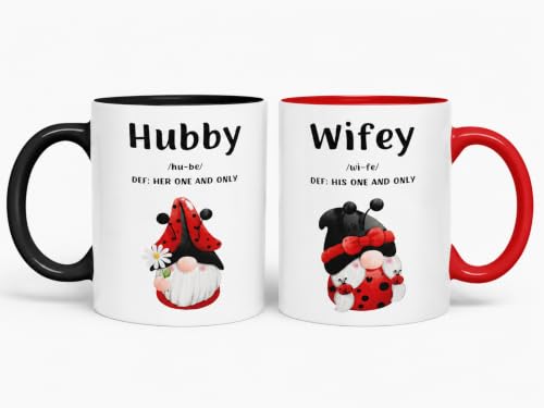 Image of Vixar Hubby and Wifey Definition Gnome Couple Mugs – Coloured Ceramic Mugs Cups Gift, 11oz, Set of 2