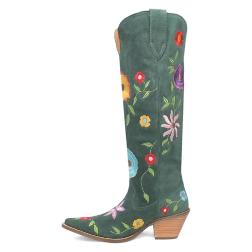 Dingo Womens Flower Power Embroidered Floral Snip Toe Pull On Casual Boots Over the Knee Mid Heel 2-3" - Green - Size 8 M3