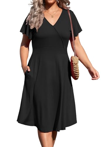 Image of Women's Plus Size Summer Dresses V Neck Ruffle Short Sleeve Casual Wrap A Line Midi Dress with Pockets