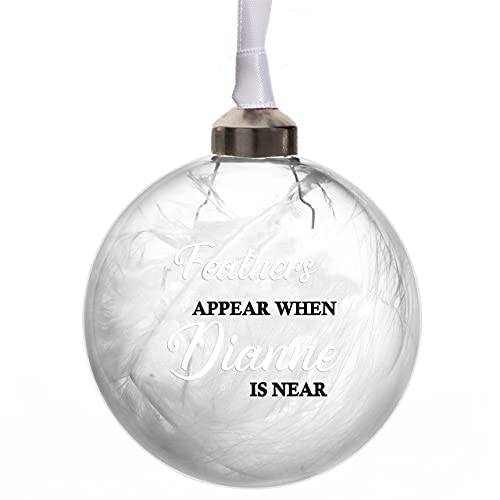 Image of Personalised Memorial Bauble Glass 11 Colours White Feather Filled Feathers Appear Christmas Tree Decoration (White)