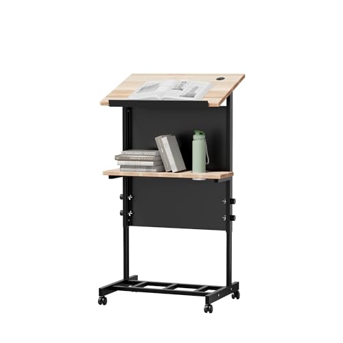 Podium Stand,Portable Lectern with 7 Adjustable Height Positions,Podium with Shelf and Cup Holder,Mobile Stand for Seminars and Schools (Natural Wood)