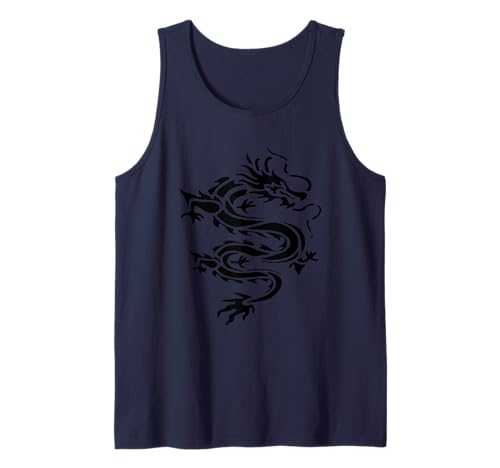 Dragon Stencil Style Cut Out Illustration in Monotone Black Tank Top