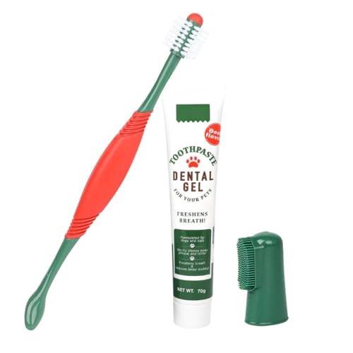 LAKPYN Set Igiene Orale per Cani e Gatti, Kit Pulizia Denti con Dentifricio al(70g),1 Spazzolino a 3 Teste e 1 Spazzolino da Dito, Soluzione Antitartaro e Alitosi,Naturale e Sicuro per Tutte le Razze