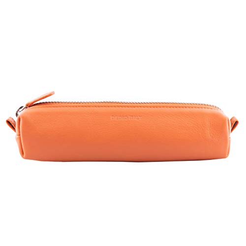 Image of DiLoro Leather Zippered Fountain Ballpoint Rollerball Pens and Pencils Case Holder Pouch Genuine Full Grain Soft Nappa Leather (Orange)
