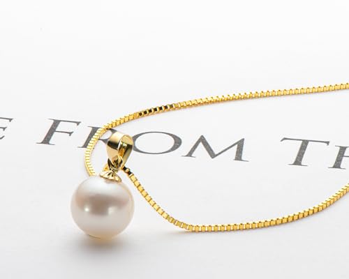 18K Gold Freshwater Cultured White Pearl Necklace, 8-10mm Single Pearl Pendant with 18" Sterling Silver Chain, Mothers Day Anniversary Birthday Wedding Jewelry Gifts for Women3