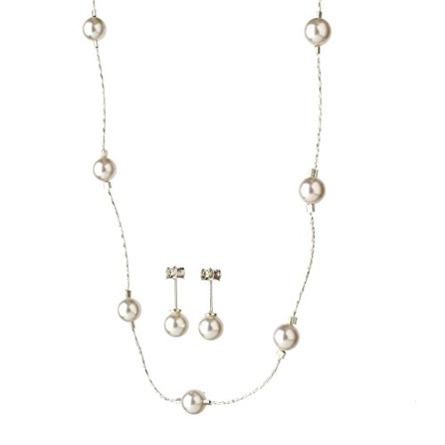 Joyful Creations Sterling Silver Chain Crystal Simulated Pearl Station Necklace Earrings 18"