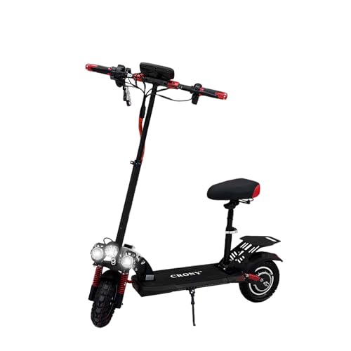 CRONY Big LCD Display Electric Scooter with Seat/Back fender 10 Wide Tire and Non-Slip Silicone Pedal Pad 40-55KM/H Speed 25-35KM Range Front/Rear Suspension LED Base Light Triple LED Lights