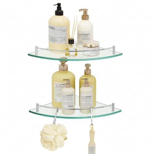 KES Estante de esquina de vidrio con ganchos, acero inoxidable 18/8, estante de esquina de baño de vidrio templado con riel, estante de vidrio de ducha, paquete de 2 unidades montado en la pared