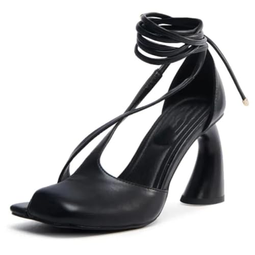 Women's Half-Open Square Toe Chunky High Heels Lace Up Heeled Sandals