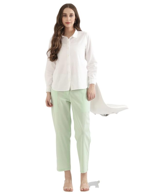 Image of SAADAA Women's Airy Linen Straight Pants | Regular Fit Trousers | Half Elasticated with Drawstrings & Buttons | 4 Pockets | Everyday & Office Wear