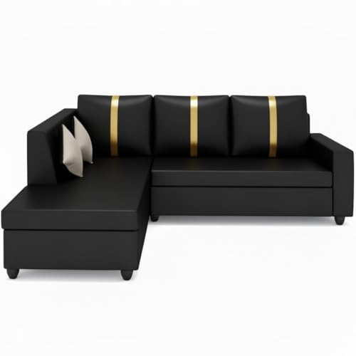 Image of FURNY Nathanoy 4 Seater Leatherette LHS L Shape Sofa Set (Black) Premium Finish | Ideal for Living Rooms