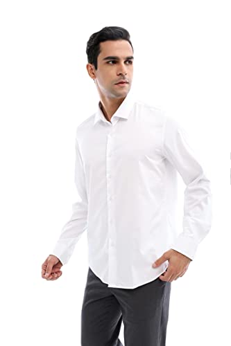 SUNNOW Men's Slim Fit Stretch Dress Shirt Long Sleeve Wrinkle Free Stretch Bamboo Work Shirt (White, 16, l)