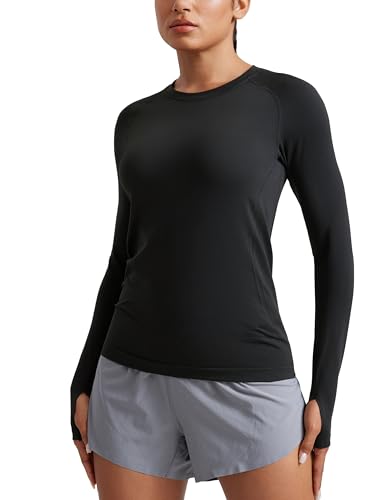 CRZ YOGA Seamless Workout Long Sleeve Shirts for Women Breathable Athletic Gym Tops Crew Neck Running Yoga T-Shirt