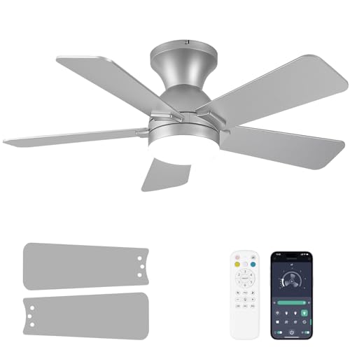 Dolavast Ceiling Fans with Lights, 36 Inch Low Profile Ceiling Fan with Light and Remote Control, Flush Mount, Reversible, 3CCT, Dimmable LED, Quiet, Nickel Ceiling Fan for Bedroom, Kitchen,Office