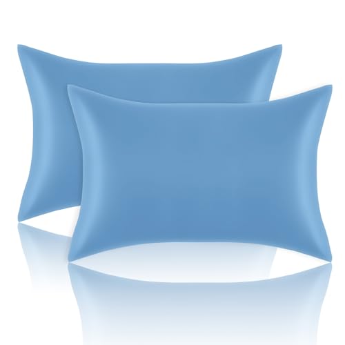 Satin Pillowcases Standard Set of 2 - Silk Soft Pillow Cases for Hair and Skin 20x26 inches,Blue Satin Pillow Covers 2 Pack with Envelope Closure for Home,School, Hotel