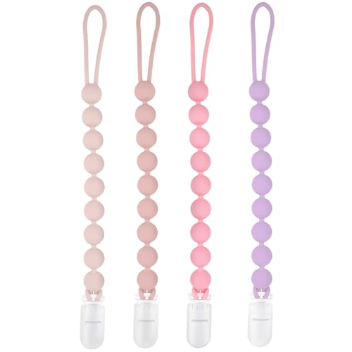 Image of MINMUNJIU 4 Pack Silicone Pacifier Clips for Girls, One Piece Flexible Soft Binky Clips Baby Stuff and Gifts for Girls