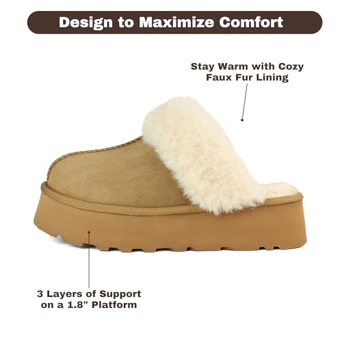 Fuzzy Platform Slippers for Women, Cozy House Slippers Thick Sole Non-Slip, Faux Fur Vegan Suede Cushioned Foam Slide for Fireside Indoor/Outdoor (Brown/Sand/Black, US Women Size 6-9)3
