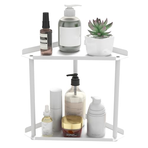 Image of Jesginboo 2 Tier Bathroom Counter Organizer, Vanity Organizer Corner Shelf | Skincare, Makeup Countertop Organizers, Kitchen, Bathroom Counter Storage, White