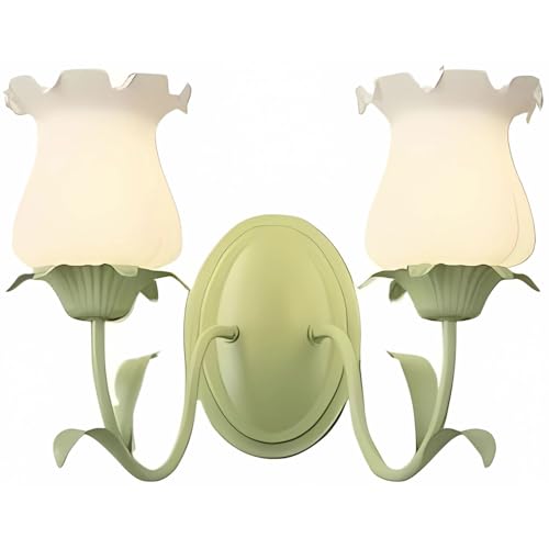 Aplique de Pared Vintage con Flores, lámpara de Pared nórdica Moderna Verde, lámpara de Noche de acrílico Color Leche, lámpara de Pared Interior, para Dormitorio, Sala de Estar (Flor, 2 Luces) (Morn