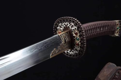 Qing Dao Chinese Broadsword, Handmade Damascus Steel Blade, Full Tang, Ebony Scabbard, Brass Fittings