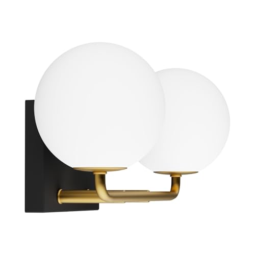 Image of Tipace 2 Lights Mid Century Vintage Bathroom Vanity Light Fixtures Over Mirror Black Gold Industrial Vanity Lights with Milk White Glass Globe Farmhouse Bath Lighting(Exclude Bulb)