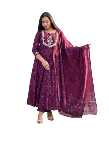 Women's Cotton Embroidery Anarkali Kurti and Pant with Dupatta Se...