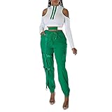 VOIKERDR Two Piece Outfits for Women Off-shoulder Top Bodycon Pants Colorblock Tracksuit