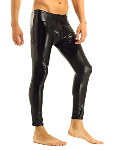 Men's PVC Leather Tights Legging Pants Nightclub Zipper Bulge Pouch Slim Fit Stretchy Trousers